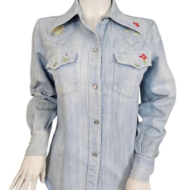 Curly Ton 1970s Dagger Collar Blue Denim Embroidered Shirt I Sz Sm I Pearl Snap Buttons 