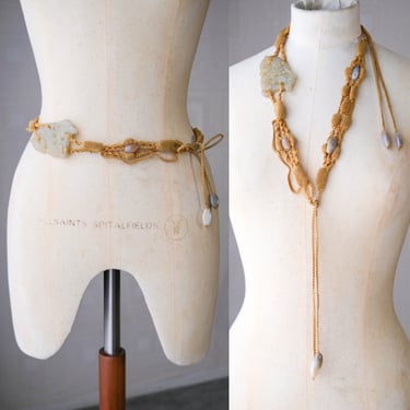 Vintage 70s Macrame Hand Made Belt w/ Precious Stone Beads & Jade Dragon | Handmade, Artisan | 1970s Bohemian Woven Bohemian Summer Belt 