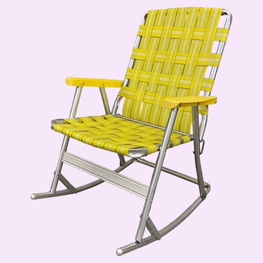 Vintage Lawn Rocking Chair Retro 1970s Mid Century Modern + Yellow + Webbed Seat + Silver Aluminum Frame + Folds Up + Outdoor Patio Seating 