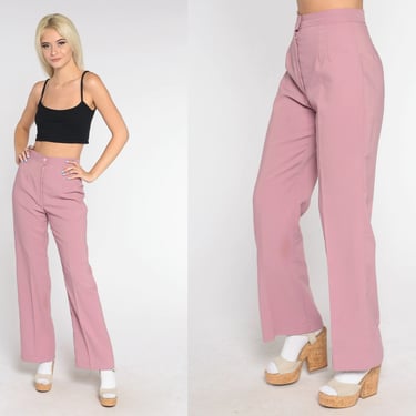 Mauve Pink Bell Bottoms 70s Flared Pants Boho Hippie Flares Plain Bellbottom High Waisted Rise Bohemian Trousers Vintage 1970s Small S 26 