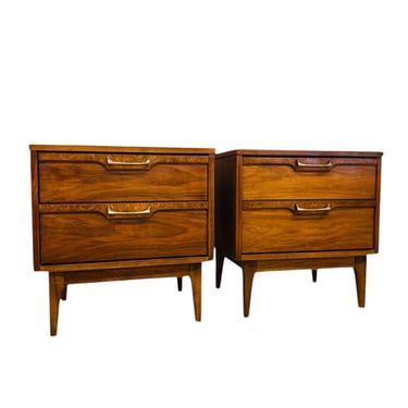 Free shipping within continental US - Vintage Mid Century Modern 2-Drawer End Table Set with Burl Accents Dovetailed Drawers 