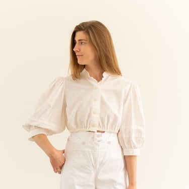 Vintage White Crop Top Folk Blouse | Pleat Romantic Puff Sleeve Shirt | S M 