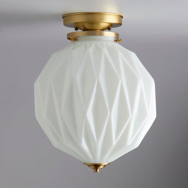 Clearance/Factory 2nd** Mid century modern - ceiling light - flush mount brass light - white glass semi flush fixture - foyer lighting 
