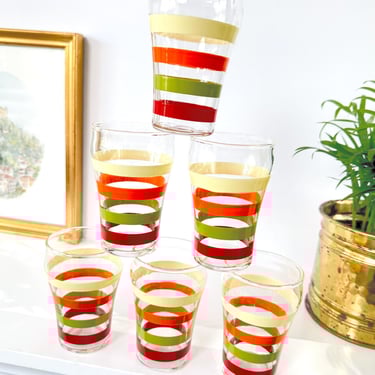 Vintage 70s Striped Juice Glasses, Set of 6 Retro Dominion Small Tumblers, Red Yellow Green Orange Mid Century Barware MCM Retro Glassware 