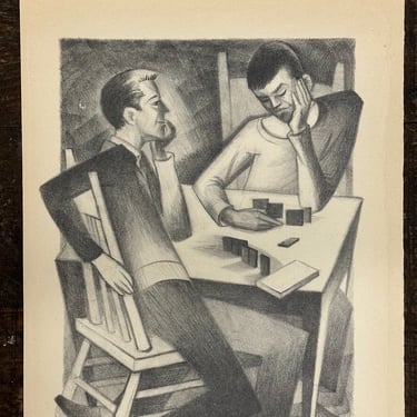 WPA Style Etching of Two Gents Playing a Game - Rare 1950s Unusual Artwork - Minnesota Art - Mystery Artist - Cool Vintage Regionalist Print 