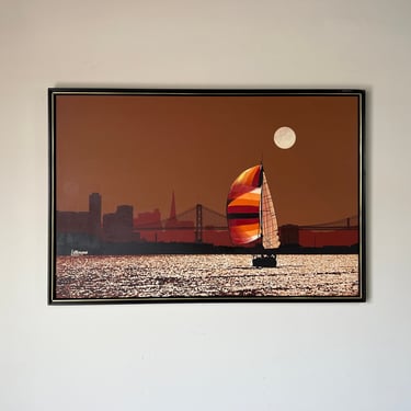 70's Large Letterman San Francisco Bay - Sail Boat Oil Painting, Framed 