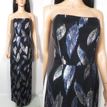 Vintage 70s/80s Metallic Feather Print Lurex Strapless Formal Dress Size XS 