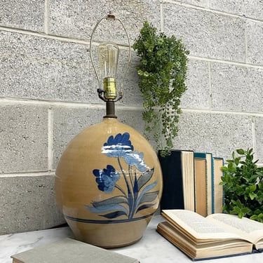 Vintage Table Lamp Retro 1970s Hand Painted + Ceramic + Stoneware + Taupe + Blue Floral + Pottery + Mood Lighting + Home and Table Decor 