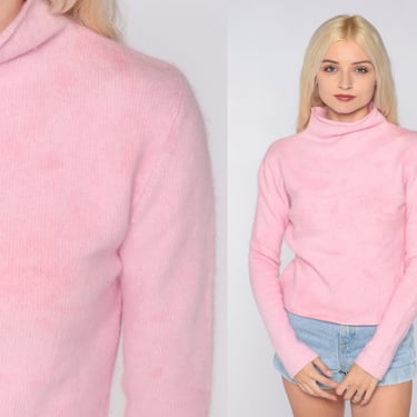 Pink Tie Dye Sweater Y2k Pullover Knit Sweater Mock Neck Basic Pastel Simple Plain Girly Knitwear Angora Wool Blend Vintage 00s Small S 