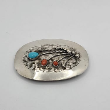 Turquoise and Coral Floral Sterling Silver Handmade Native American Navajo (?) Belt Buckle 