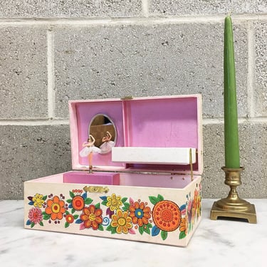 Vintage Jewelry Box Retro 1970s Laurel + Wind Up Music Box + Pink + Floral Print + Spinning Ballerina + Lara's Theme + Vanity Decor 