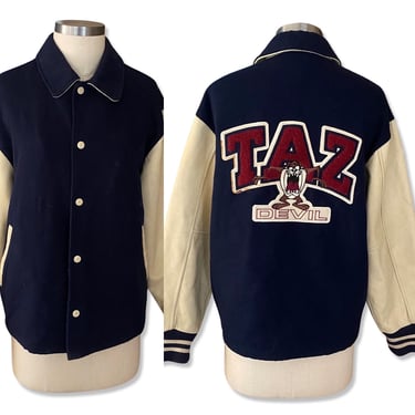 1990s Taz Looney Toons Varsity Jacket XS, vintage 1997 cartoon letterman jacket, wool leather sleeves neutral unisex 