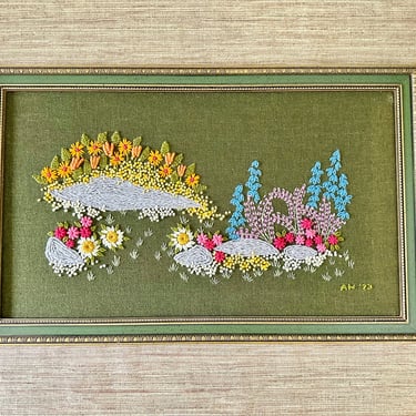 Vintage Framed Crewel Embroidery Floral Garden Art 