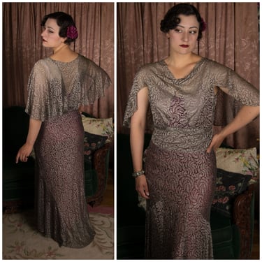 1930s Dress - Exquisite Shiny Silver Grey Silk Lace 30s Evening Gown with Fluttering Cape & Train Wedding Perfection 