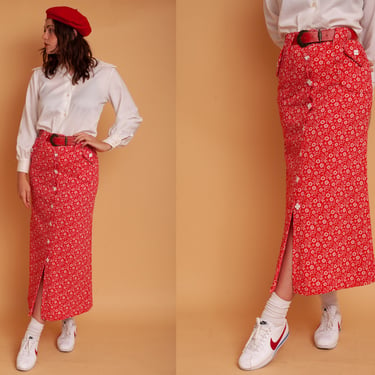Vintage 70s Red Daisy Chain Button Up High Waisted Maxi Skirt w/ Daisy Buttons 