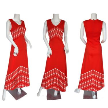 1970's Red White Chevron Stripe Long Maxi Dress I Sz Med 