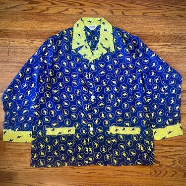 Fantastic Dead Stock Late 1940s / Early 1950s Day-Glo Chartreuse And Navy Cold Rayon Unicorn Print Pajamas Large 