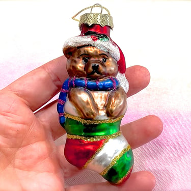 VINTAGE: Glass Christmas Tree Bear in Stocking Ornament -  Thomas Pacconi Collection - Replacement - Mercury Ornament - SKU 30-404-00040250 