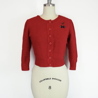 Cherry Embroidered Red Sweater Cardigan - Vintage Inspired Rockabilly Button Up Sweater S-3XL 