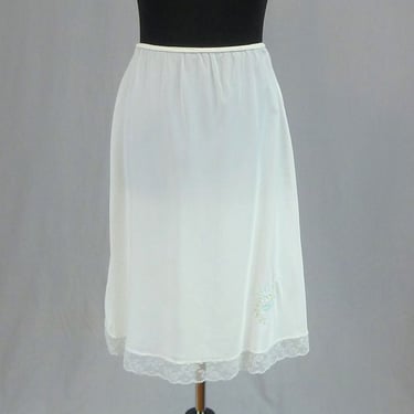 50s White Skirt Slip - Hand Embroidered Pastel Flower Basket - Corhan Noumair Half Slip - Vintage 1950s - L 