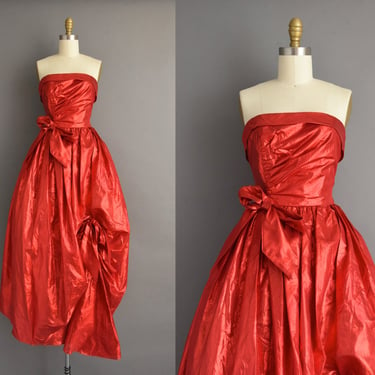 Vintage 1950s Inspired Dress | Red Strapless Christmas Party Dress | Small 