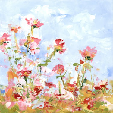 Expressive Oil Painting of Field of Cosmos Sunny Day - Expressive Florals - Landscape Oil Painting Square - Daily Painter - Colorful 