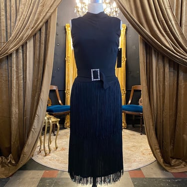 Miguelina cocktail dress, flapper style, black jersey dress, vintage fringe dress, 1920s style, medium, lbd, 28 waist, tiered tassels, 20s 