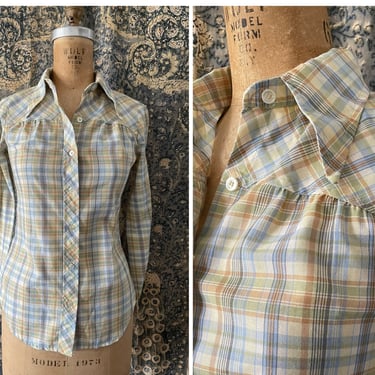 Vintage ‘70s College Town plaid blouse with dagger collar | Spring pastels, XS/XXS 
