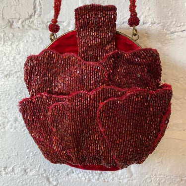 Vintage 1940s red beaded rose petal handbag, velvet purse, formal evening bag 