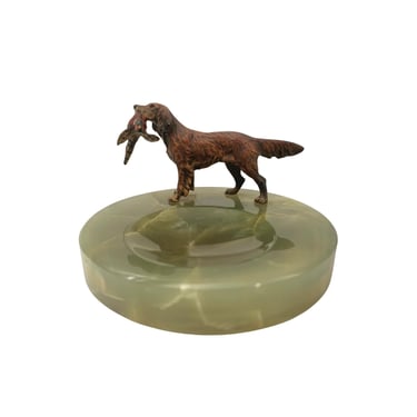 20th C. Bronze Hunting Dog on Green Onyx Trinket Tray 