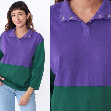 Color Block Henley Shirt 90s Purple Green Long Sleeve Shirt Snap Button Neck Vintage 1990s Plain Rugby Shirt Colorblock Medium 
