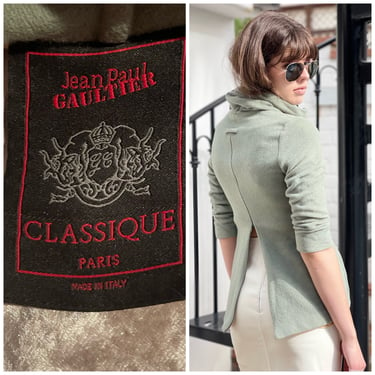 Jean Paul GAULTIER  classique Paris -made in Italy Funnel Neck back zip sweater in SAGE-S 