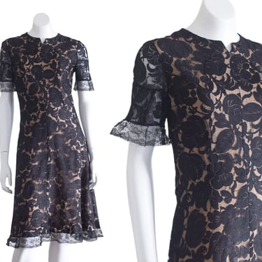 1960s Cocktail Dress with Black Lace Overlay 