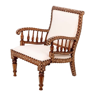 Inlaid Teak and Camel Bone Open Arm Chair