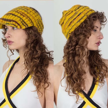 70s 80s Yellow Striped Knit Winter Beanie & Visor Set - Adult Large to XL 