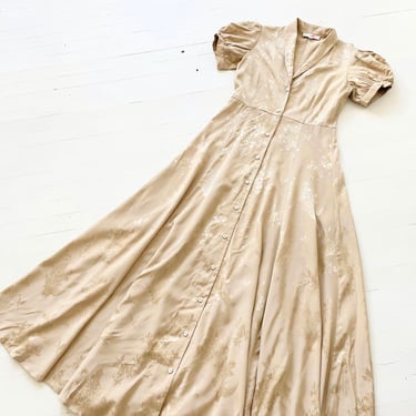 Vintage Gold Satin Jacquard Puff Sleeve Maxi Dress 