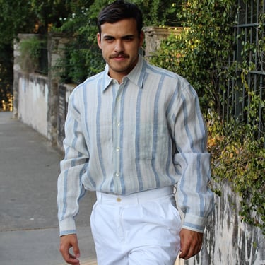 Vintage 1990s Barneys New York Striped Linen Blend Shirt, Large Men, blue white, long sleeves 