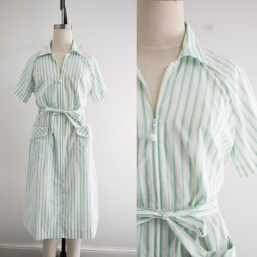 1970s/80s Green and White Striped House Dress 