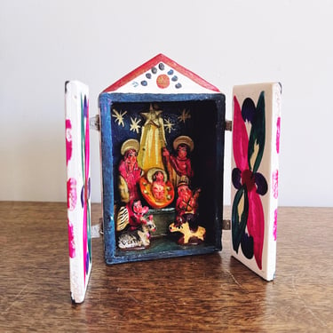 Vintage Peruvian Retablo Christmas Nativity Scene 