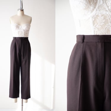 high waisted pants | 90s vintage brown wool gabardine dark academia straight leg ankle trousers 