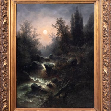 Albert Rieger Moonlit River Scene Oil on Canvas