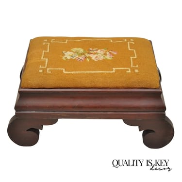 Antique American Empire Mahogany Brown Floral Needlepoint Footstool Ottoman