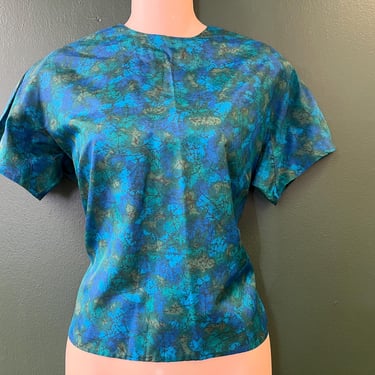 1950s abstract blouse vintage blue and green back button top large 