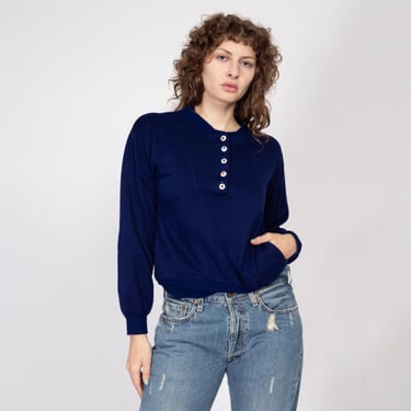 Medium 80s Navy Blue Novelty Button Henley Sweatshirt | Vintage Long Sleeve Lightweight Pullover 