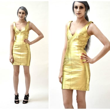 90s Metallic Gold Leather Dress by Michael Hoban North Beach Leather// 90s Leather Dress Gold Size XS Small 