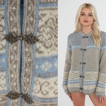 Nordic Cardigan Y2k Wool Knit Sweater Hook Eye Grey Baby Blue Cream Geometric Snowflake Print Retro Winter Cozy Hippie Vintage 00s Small S 