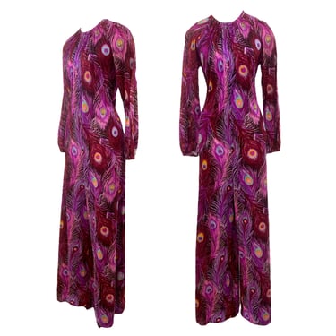 Vtg Vintage 1970s 70s Late 60s Novelty Purple Peacock Print Wide Leg Jumpsuit 