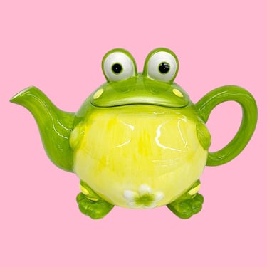 Vintage Frog Teapot Retro 2000s Y2K + Burton & Burton + Toby Toad + Ceramic + Green and Yellow + Hand Painted + Kitchen Decor + Decoration 