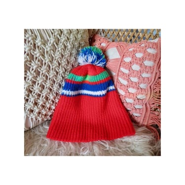 Vintage Striped Knit Beanie - Retro 80s 90s Acrylic Winter Hat with Pom Pom - Ski Snowboard Cap for Cold Weather 