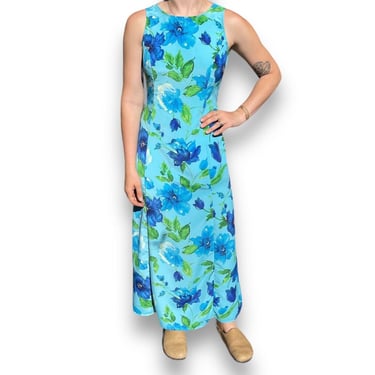 Vintage 90s Womens Blue Green Floral Boho Hawaiian Tropical Maxi Dress Sz M 